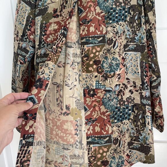 Vintage Womens Cote de France Silk Button Blouse Long Sleeve Brown Multi Sz S - Picture 6 of 13